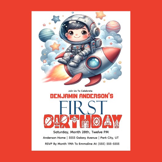 ロケットに乗った宇宙飛行士の少年 1歳の誕生日 招待状