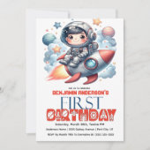 ロケットに乗った宇宙飛行士の少年 1歳の誕生日 招待状 (正面)