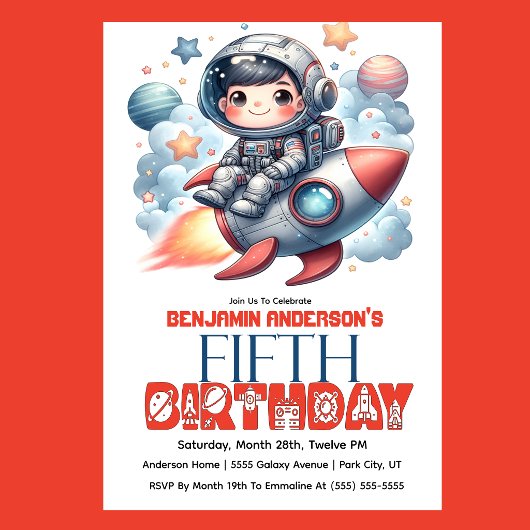 ロケットに乗った宇宙飛行士の少年 5歳の誕生日 招待状