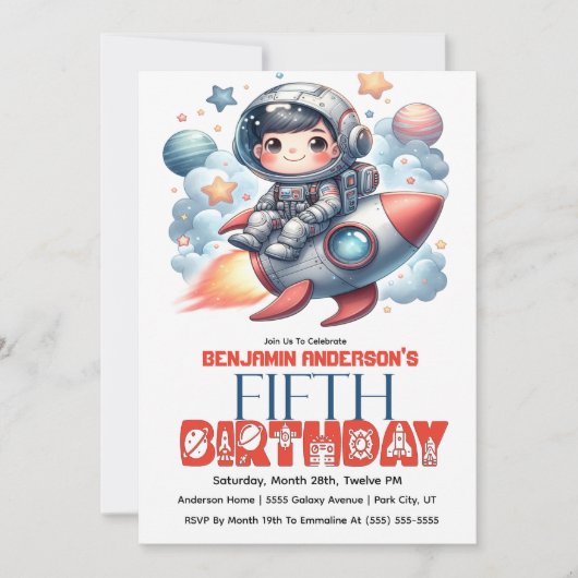 ロケットに乗った宇宙飛行士の少年 5歳の誕生日 招待状 (正面)