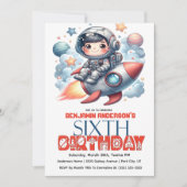 ロケットに乗った宇宙飛行士の少年 6歳の誕生日 招待状 (正面)