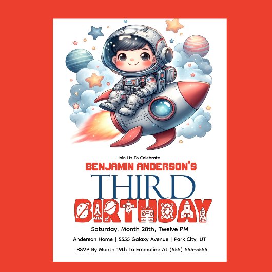 ロケットに乗った宇宙飛行士の男の子の3歳の誕生日 招待状