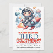 ロケットに乗った宇宙飛行士の男の子の3歳の誕生日 招待状 (正面)