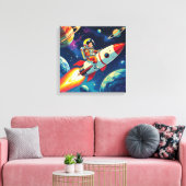 ロケットに乗った小さな男の飛んでいる子が宇宙で キャンバスプリント (インサイチュ (リビング))