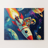 ロケットに乗った小さな男の飛んでいる子が宇宙で ジグソーパズル (横)