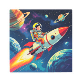 ロケットに乗った小さな男の飛んでいる子が宇宙で メタルプリント