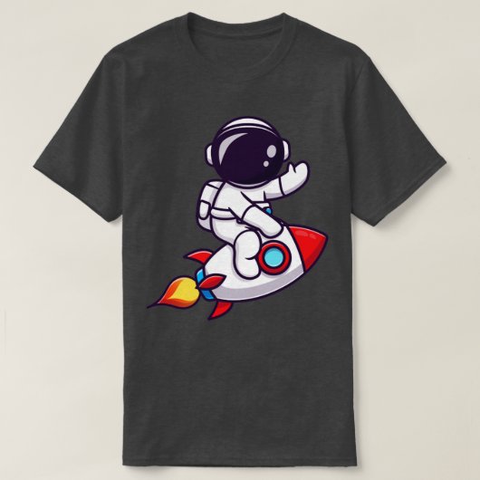 ロケットに乗って手を振るかわいい宇宙飛行士 Tシャツ (デザイン正面)