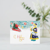 ロケットに入っ飛んでいるたソ連の少年とサンタに挨拶 ポストカード (スタンド正面)