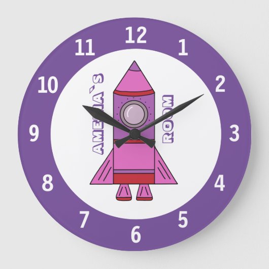 ロケットの船の名前の紫色の宇宙の柱時計 ラージ壁時計 (正面)