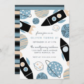 ロケットの船の宇宙の子供の誕生会 招待状 (正面/裏面)