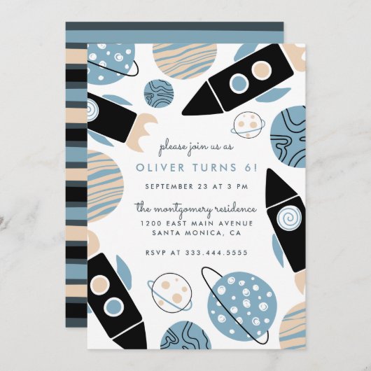 ロケットの船の宇宙の子供の誕生会 招待状 (正面/裏面)