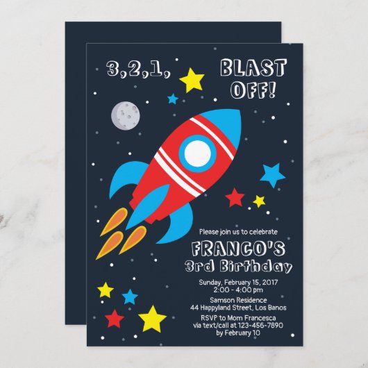 ロケットの船の誕生日の招待状を発破を掛けて下さい 招待状 (正面/裏面)
