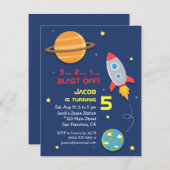 、ロケットの船カラフル、宇宙のパーティー、子供の誕生日 招待状 (正面/裏面)