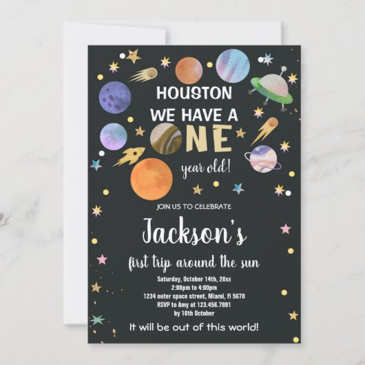 ロケットはっきりした&プラネット銀河系テーマ子供へ 招待状 (正面)