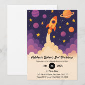 ロケットアドベンチャーと紫色の銀河の誕生日 招待状 (正面/裏面)