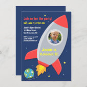 ロケットカラフル宇宙パーティー子供の誕生日写真 招待状 (正面/裏面)