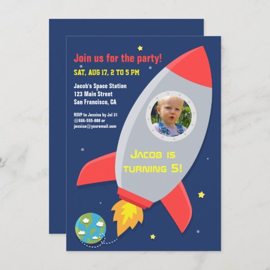 ロケットカラフル宇宙パーティー子供の誕生日写真 招待状 (正面/裏面)