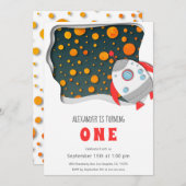 ロケットシップオレンジ惑星 ファーストバースデー  招待状 (正面/裏面)