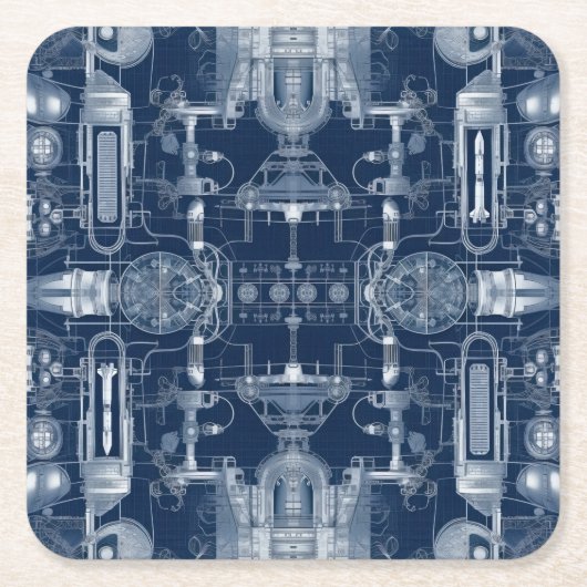 ロケットデザインブループリント技術スケッチ スクエアペーパーコースター (正面)