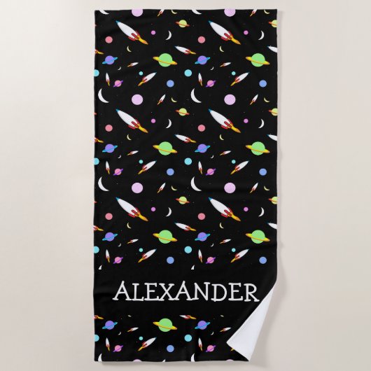 ロケットパーソナライズされたプラネツムーンズスターズ宇宙 ビーチタオル (正面)