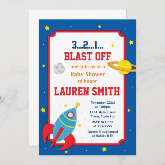 ロケットベビーシャワー招待状男の赤ちゃん外空間 招待状 (正面/裏面)