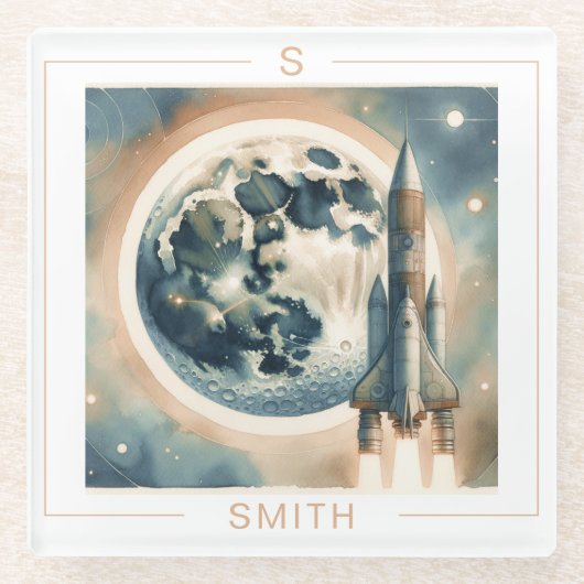 ロケットムーン宇宙モノグラム ガラスコースター (正面)