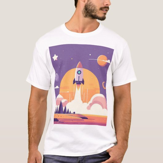 ロケットユニセックス打ち上げ惑星エイリアンパープルスターズ太陽 Tシャツ (正面)