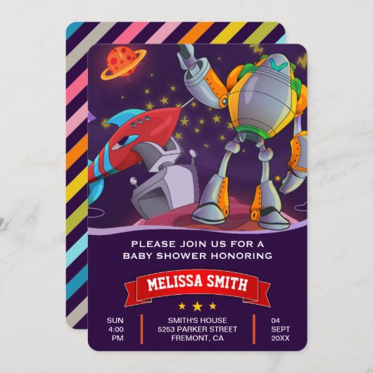 ロケットロボット宇宙ベビーシャワー招待状 招待状 (正面/裏面)