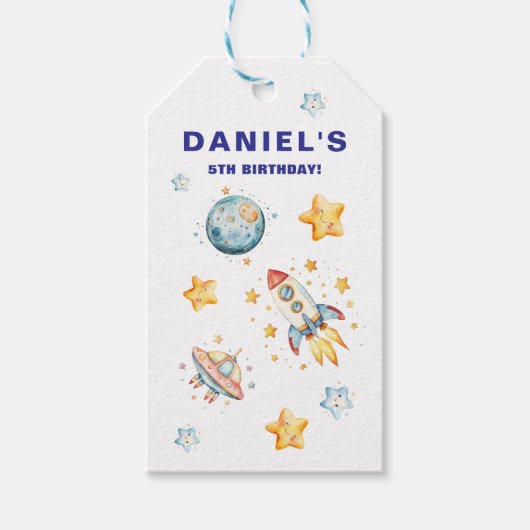 ロケット宇宙テーマのカスタム誕生日パーティー ギフトタグ (正面)