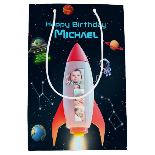 ロケット宇宙第1誕生日 | 巨大な1枚の写真コラージュ ミディアムペーパーバッグ (正面)