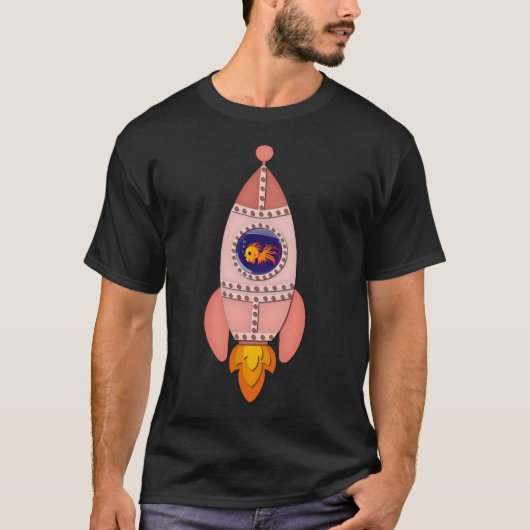 ロケット宇宙船のピンクの魚 Tシャツ (正面)