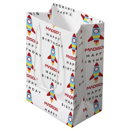 ロケット宇宙船の打ち上げ名前をカスタムする誕生日 ミディアムペーパーバッグ (正面アングル)