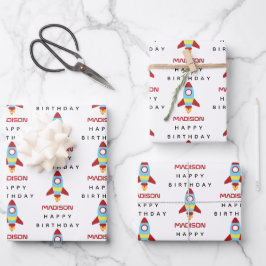 ロケット宇宙船の打ち上げ名前をカスタムする誕生日 ラッピングペーパーシート