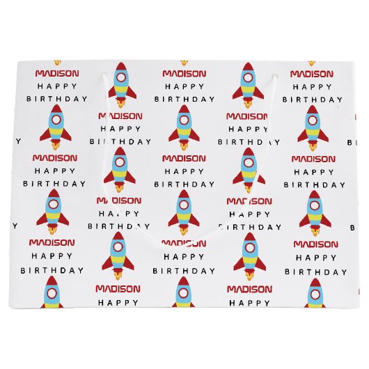 ロケット宇宙船の打ち上げ名前をカスタムする誕生日 ラージペーパーバッグ (正面)