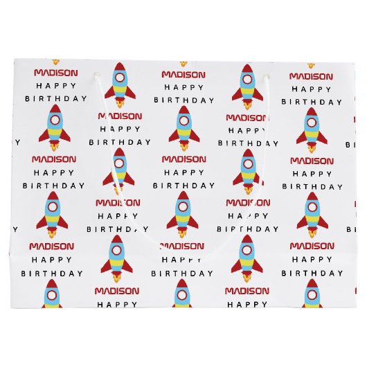 ロケット宇宙船の打ち上げ名前をカスタムする誕生日 ラージペーパーバッグ (裏面)