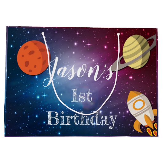 ロケット宇宙銀河系第1の誕生日パーティー ラージペーパーバッグ (裏面)