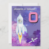 ロケット宇宙飛行士ピンクパープルの女の子宇宙 招待状 (裏面)