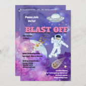 ロケット宇宙飛行士ピンクパープルの女の子宇宙 招待状 (正面/裏面)