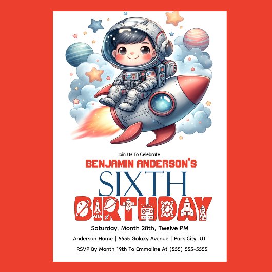 ロケット宇宙飛行士少年の6歳の誕生日 招待状