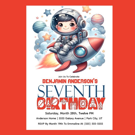 ロケット宇宙飛行士少年の7歳の誕生日 招待状