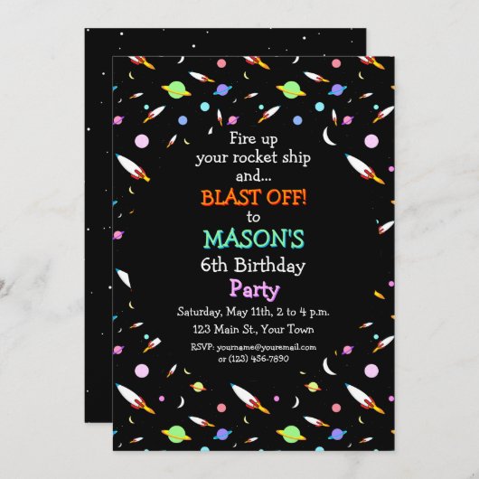 ロケット惑星ムーンズスターズ宇宙誕生日 招待状 (正面/裏面)