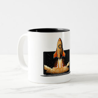 ロケット打ち上げ ラップトップ スタートアップ 起業家 オンライン B ツートーンマグカップ