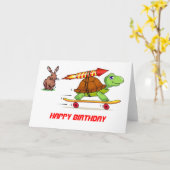 ロケット推進カメ及びウサギ誕生日 カード (黄色い花)