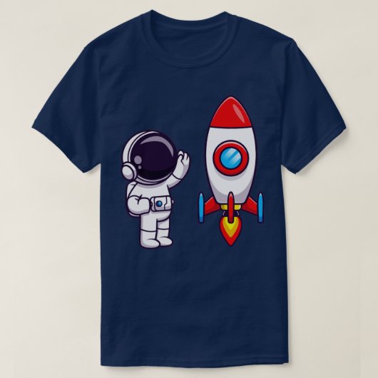 ロケット漫画に手を振る宇宙飛行士 Tシャツ (デザイン正面)