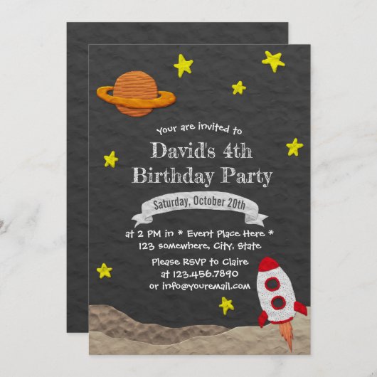 ロケット船が宇宙から爆破4歳の誕生日 招待状 (正面/裏面)