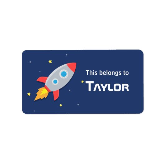 ロケット船が宇宙に飛び子供へ込む ラベル (正面)