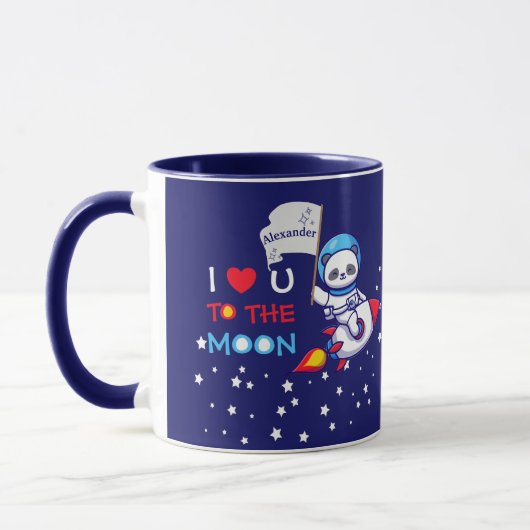 ロケット船のキッズに乗った可愛いパンダのクマ宇宙飛行士 マグカップ (左)