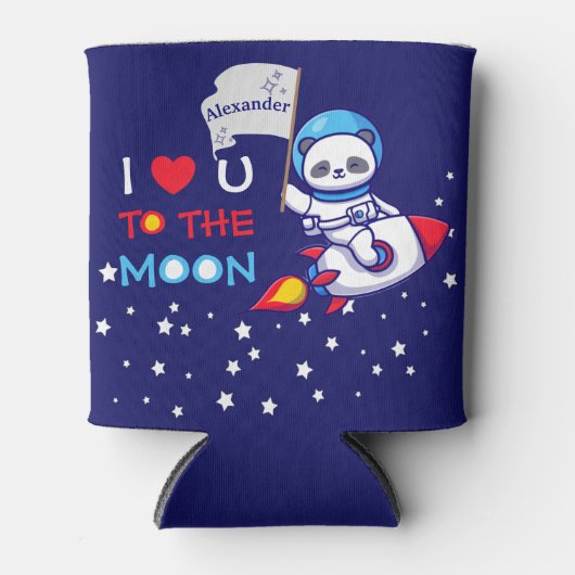 ロケット船のキッズに乗った可愛いパンダのクマ宇宙飛行士 缶クーラー (正面)