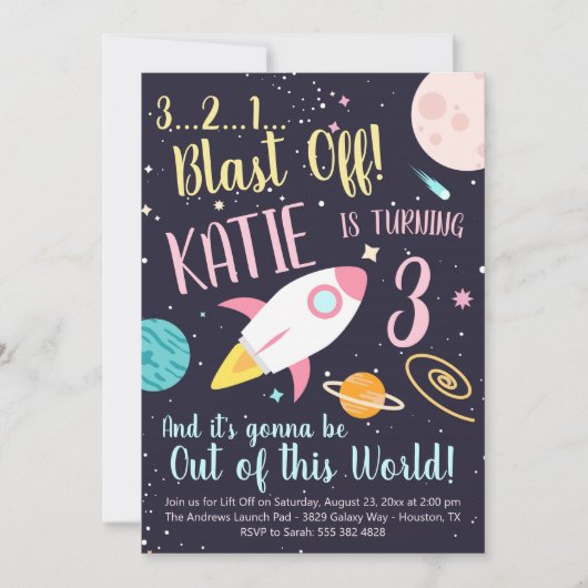 ロケット船の女の子の宇宙誕生日パーティー招待状 招待状 (正面)