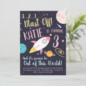 ロケット船の女の子の宇宙誕生日パーティー招待状 招待状 (スタンド正面)